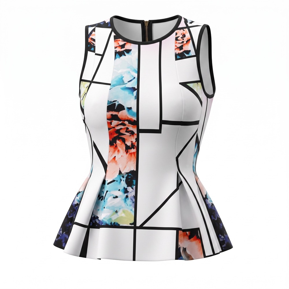 Worthington Womens M Floral Geometric Peplum Top Sleeveless Back Zip Scuba Knit